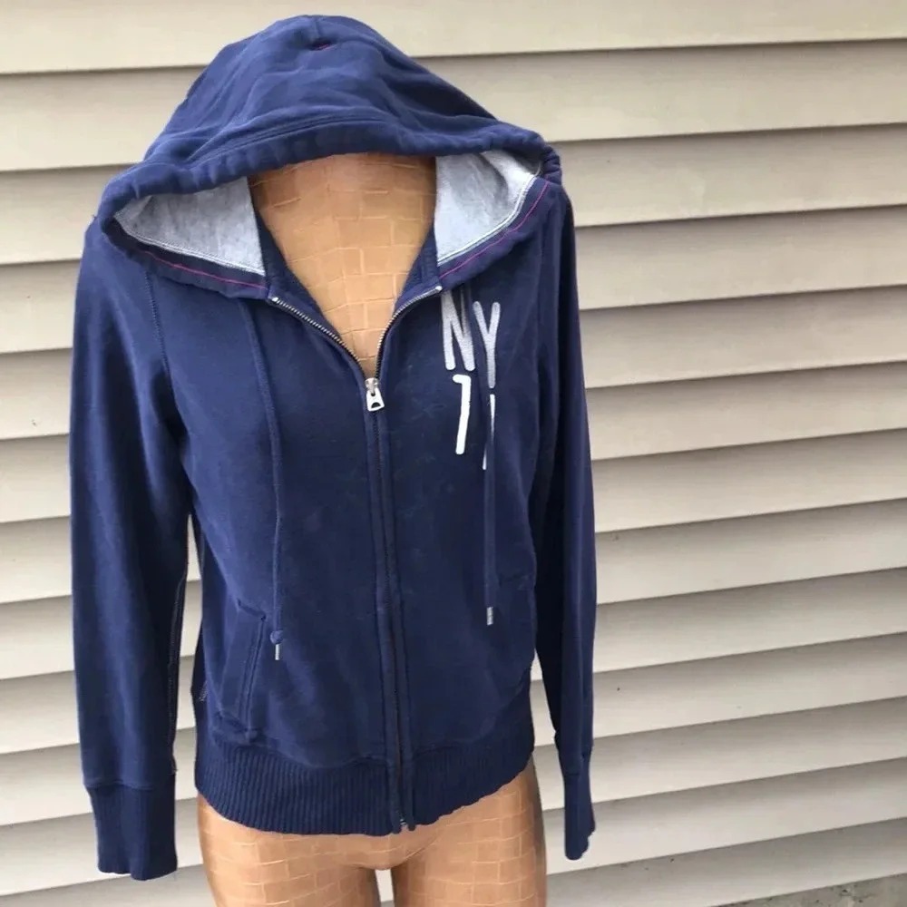 American Eagle Navy Blue Eagle Fleece NY 77 Zip Up Hoodie Sweatshirt L